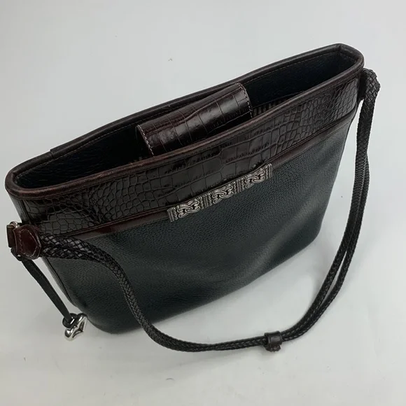 Vintage Brighton Leather braided Double strap shoulder bag black Brown Silver - Picture 6 of 17